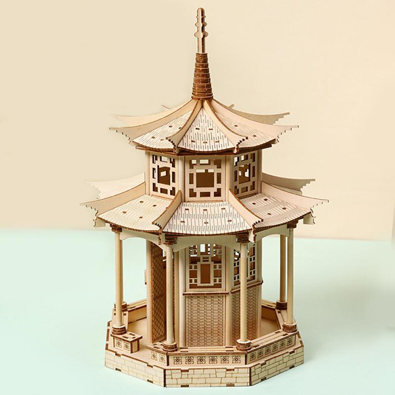 3D Wooden Puzzle Chinese Traditional Building Octagonal Pavilion DIY Assembly Kits Model Desktop Game Toys for Children Adults