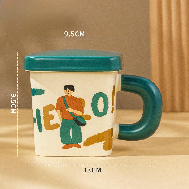 Cream Glue Square Couple Cup Ceramic Pair Mug with Lid Gift Cute Retro Boy and Girl