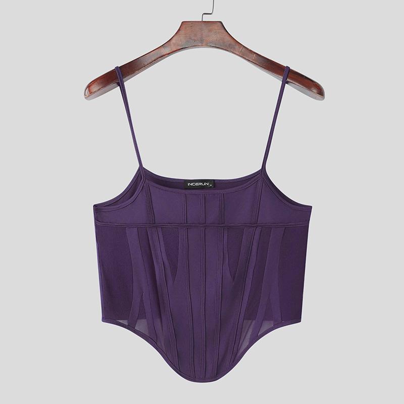 

INCERUN Men Summer Strap Sleeveless Patchwork Party Club Cropped Fitted Tank Tops 3XL фиолетовый