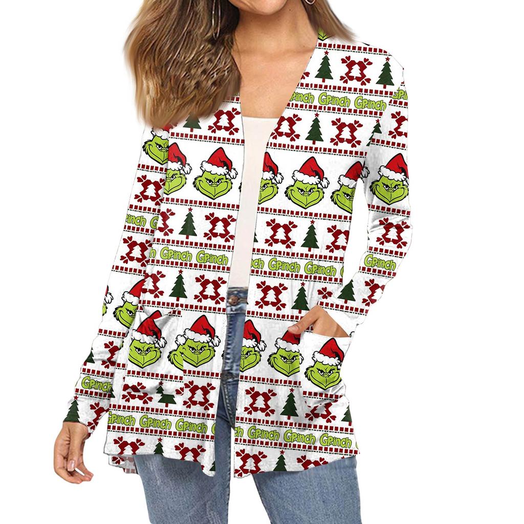 Women's Fashion Christmas Print Long-Sleeved Pocketed Slim-Fit Cardigan Coat