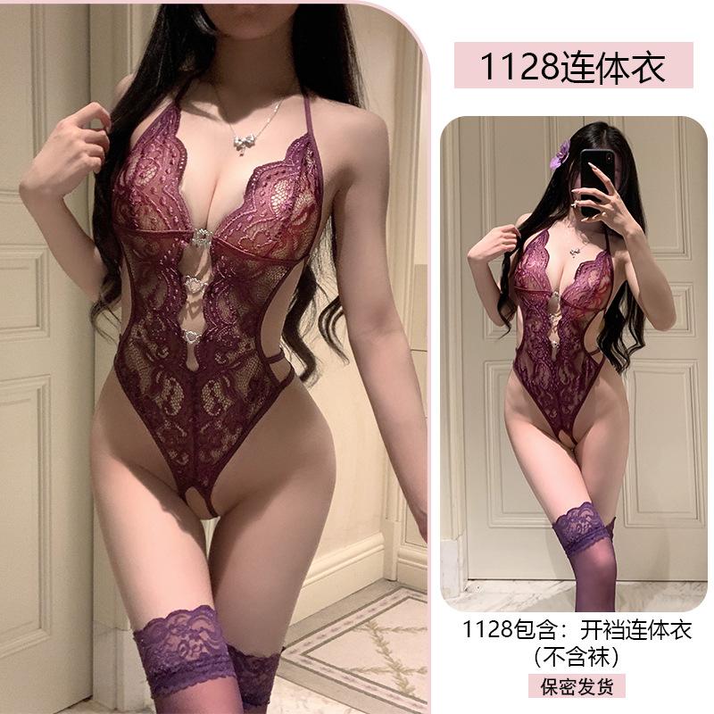 Erotic Lingerie Sexy One-piece Dress for Women Lace Seductive Pure Desire Uniform See-through Open-crotch Pajama Set 1128