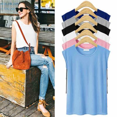 Casual Sleeveless T-shirt Women's Loose Solid Color Blouse Loose Soild-color Top Large Size Round Collar Bottoming Shirt
