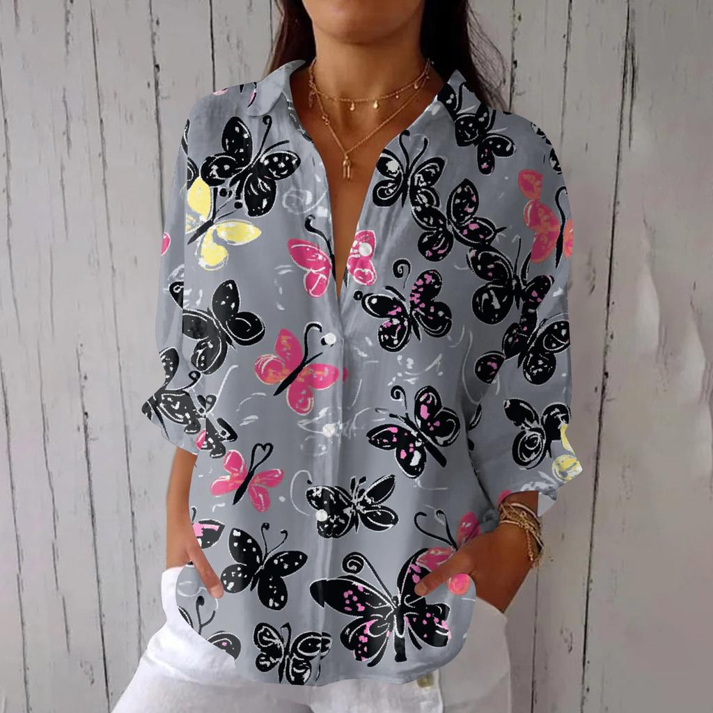 Women's Fashion 3/4 Sleeve Casual Lapel Back Tie- Floral Print T-Shirt Top