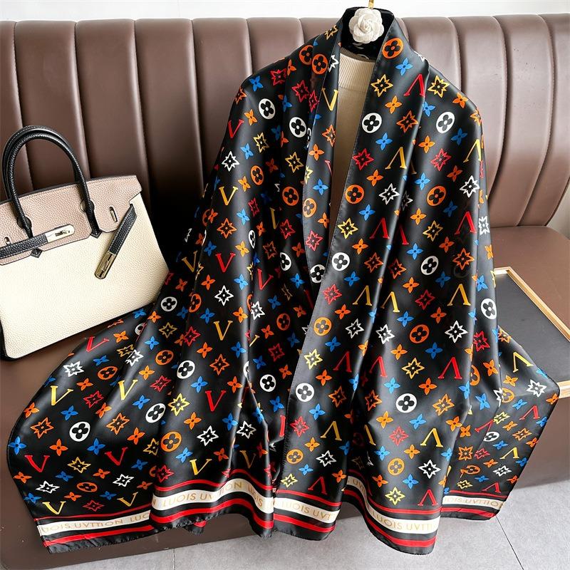 Color Letter Silk Scarf Light Luxury Fashion Scarf Simulation Silk Large Size Shawl Silk Scarf Women