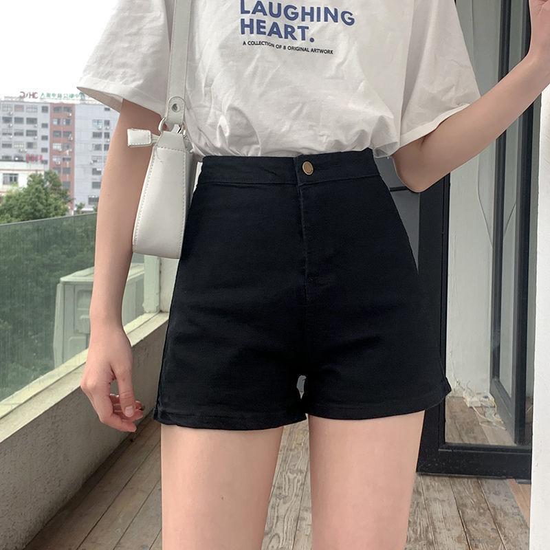 

Удобные узкие модные и универсальные джинсовые шорты женские с высокой талией черные обтягивающие эластичные прямые тонкие широкие брюки А-силуэта летние S чёрный