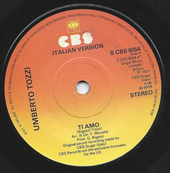 

7-дюймовая пластинка UMBERTO TOZZI Ti Amo SCBS6054 CBS 1977 UK Поп Б/у