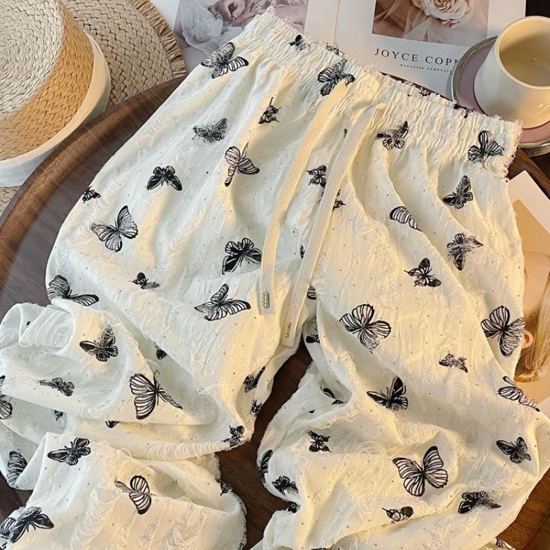 Women's Spring/Summer Thin Butterfly Print Distressed Straight-Leg Pants - High-Waist Loose Drapey Casual Wide-Leg Trousers
