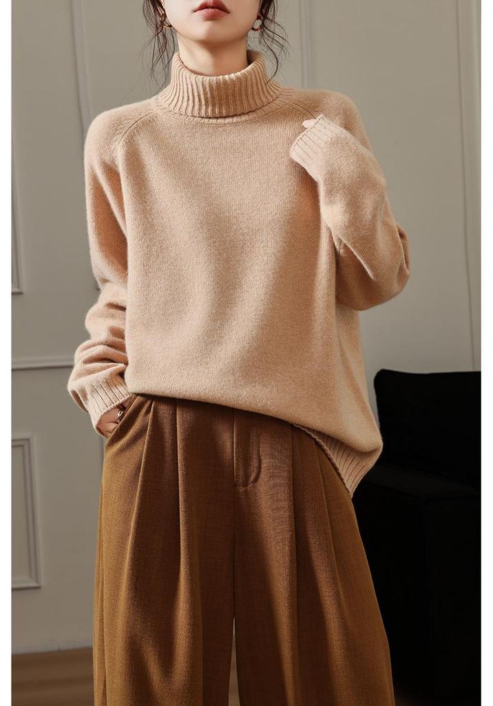 100% Pure Wool Women's High Neck Thick Raglan Sleeve Sweater - Loose Fit Base Layer Knitwear