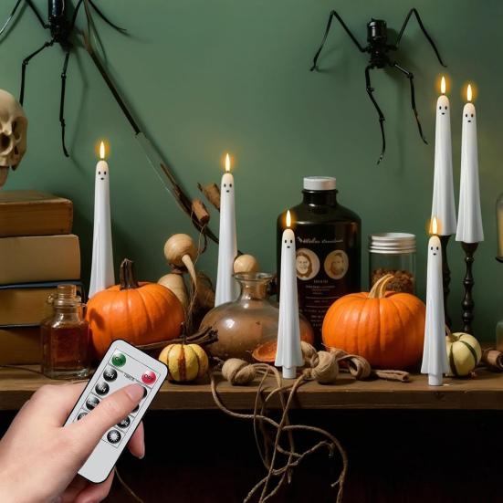 2/4Pcs Halloween Ghost Candle Light with Remote Timer Battery Powered Flickering Flameless Taper Candle Lamp Office Holiday Party Table Decoration