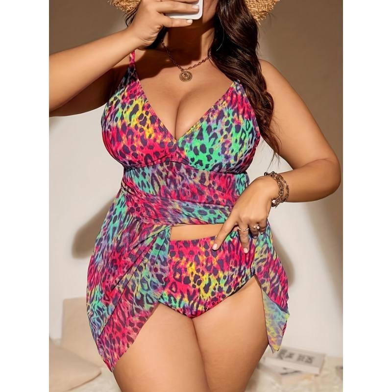2026 New European and American Plus Size Sexy Split Tankini Leopard Print V-neck Sling One-piece Swimming