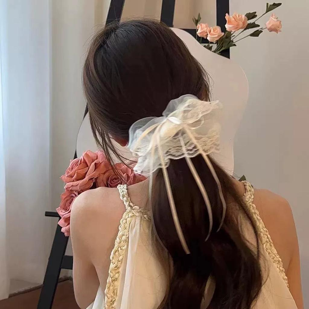 Summer Super Fairy Cream White Lace Edge Mesh Bows Ribbons Hair Rubber Band Hair Scrunchies Lolita Sweet Girls Ponytail Holder
