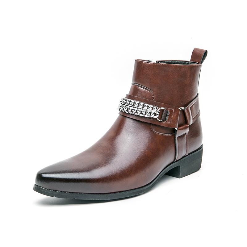 Fashion Leisure Walk Mens Chelsea Boots Handmade High Top Men Shoes Male Leather Ankle Boots Business Dress Shoes New Metal Buckle Botas