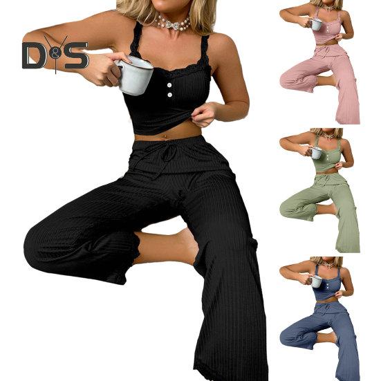 2 Pcs/Set Pants Top Suit Low-cut V Neck Sleeveless Solid Color Shirring Drawstring High Elastic Waist Lace Women Summer Pajamas Set Homewear Tank Top