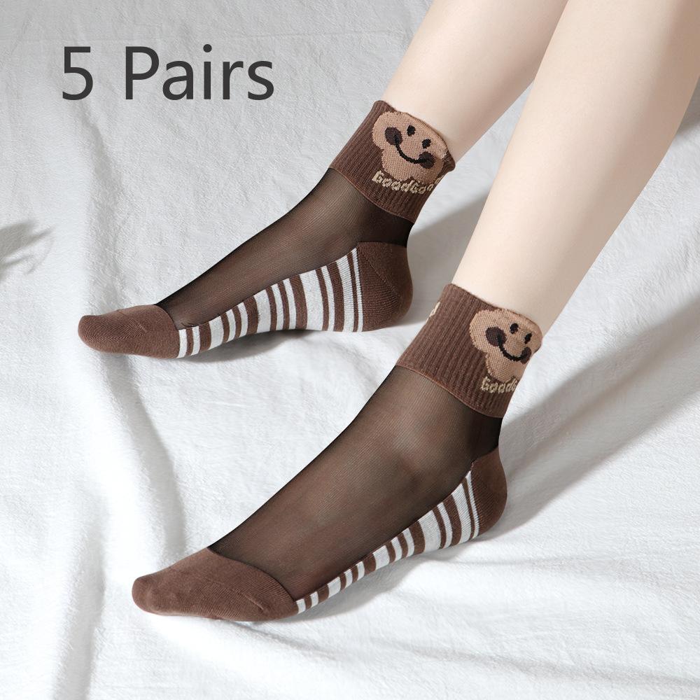 

5 пар женских новых весенне-летних носков из кристального шелка с мишками, подходящих ко всему 5 Pairs