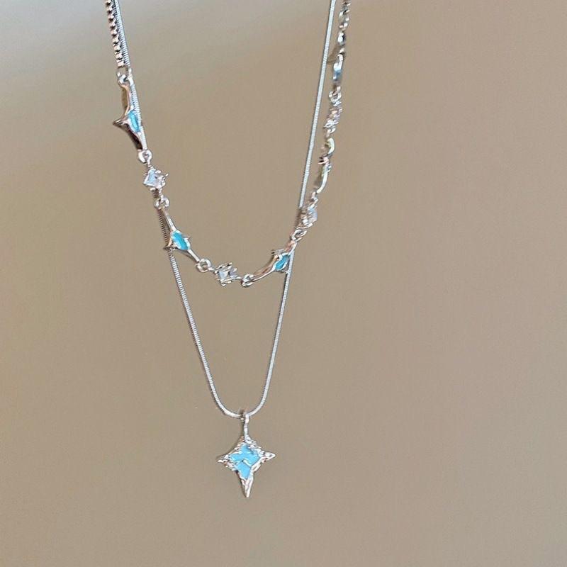 

Double blue tetragonal zircon necklace women s summer is niche design accessories fashion temperament collarbone chain