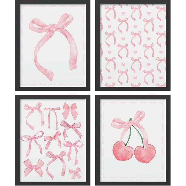 Hxlac Pink Bow Coquette Wall Art Prints Set of 4 Unframed - Pink Preppy Wall Decor, Coquette Preppy Aesthetic Bow Cherry Teen Girl Dorm Room Decor,