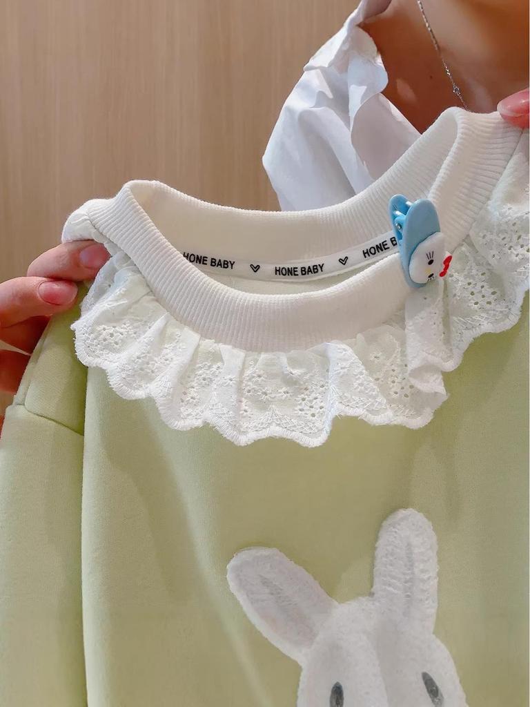 Spring Girls' Korean Style Cute Rabbit Lace Hoodie & Sweatpants Set