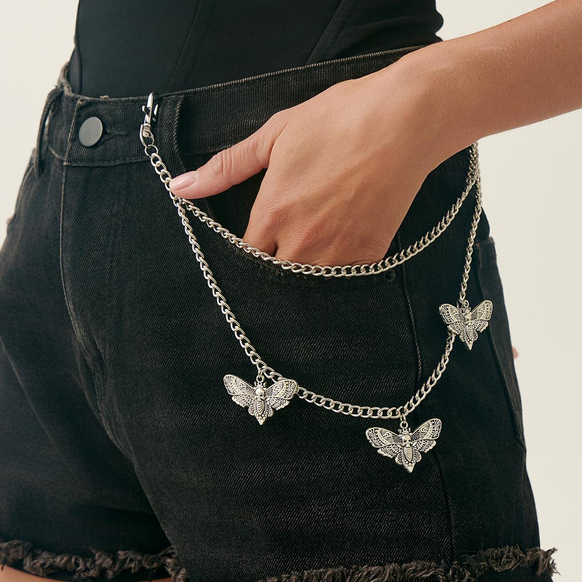 

SHIXIN Gothic Skull Butterfly Keychain Jeans Pants Chain For Women Retro Multi layer Metal Moth Waist Chain Halloween Jewelry