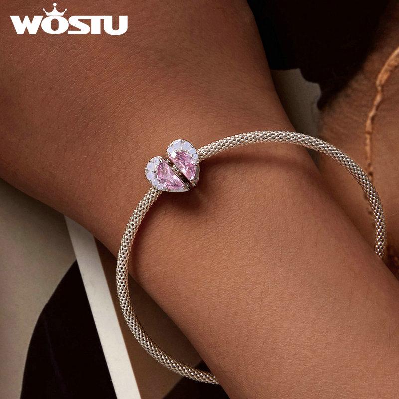 WOSTU 925 Sterling Silver Pink Couple Hearts Charm Star Bear Beads Dolphin Pendants Fit Original Bracelet DIY Jewelry