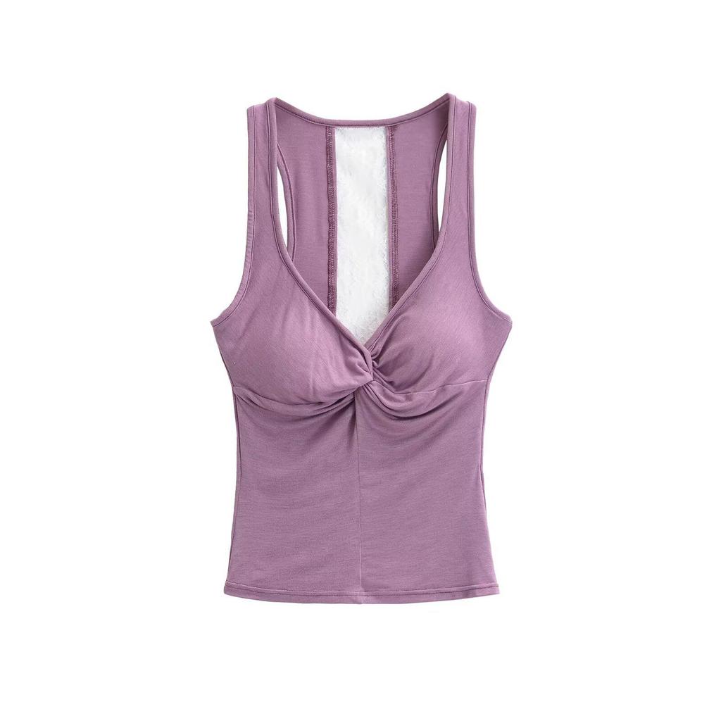 Twisted Back Lace Patchwork Blue Spaghetti Strap Tank Top for Women - Summer Sleeveless Top, Multicolor.