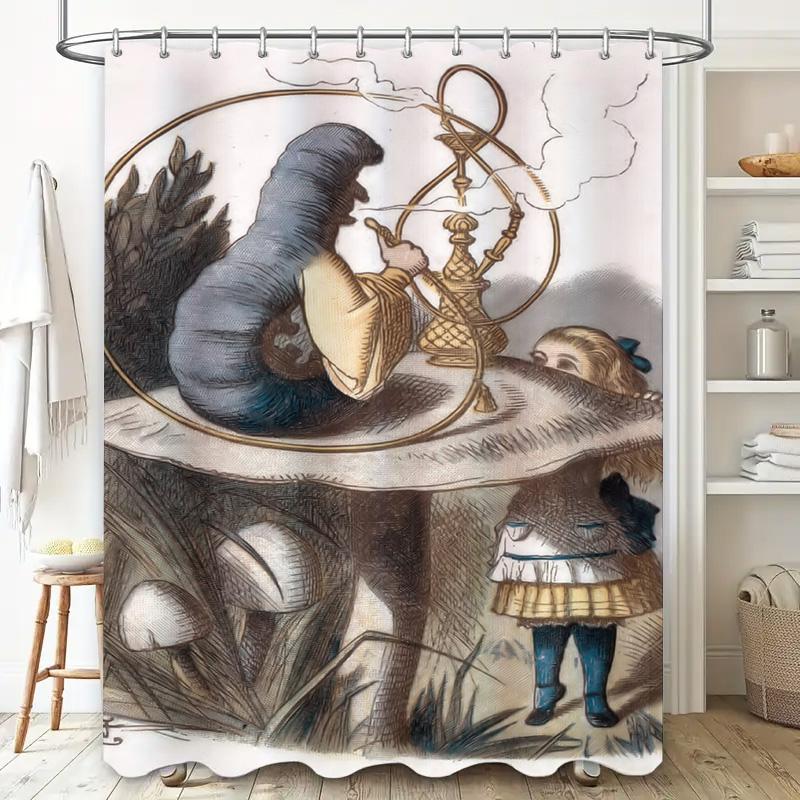 Whimsical Alice In Wonderland-Themed Shower Curtain With Vintage Illustrations For Bathroom Decor – Blue Mushroom Design