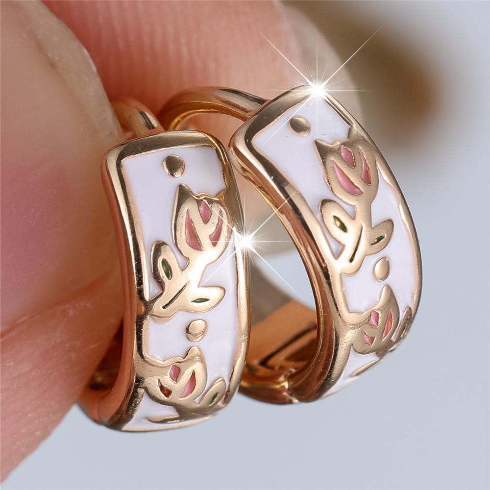 Cute Female Pink Enamel Flower Hoop Earrings Fashion Gold Color Wedding Jewelry For Women