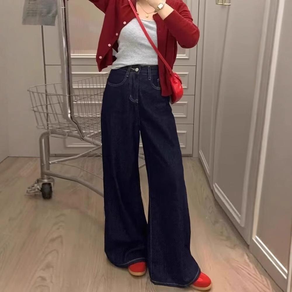 2025 A/W Women's Plus Size High Waist Micro Flare Dark Blue Jeans - Floor Length