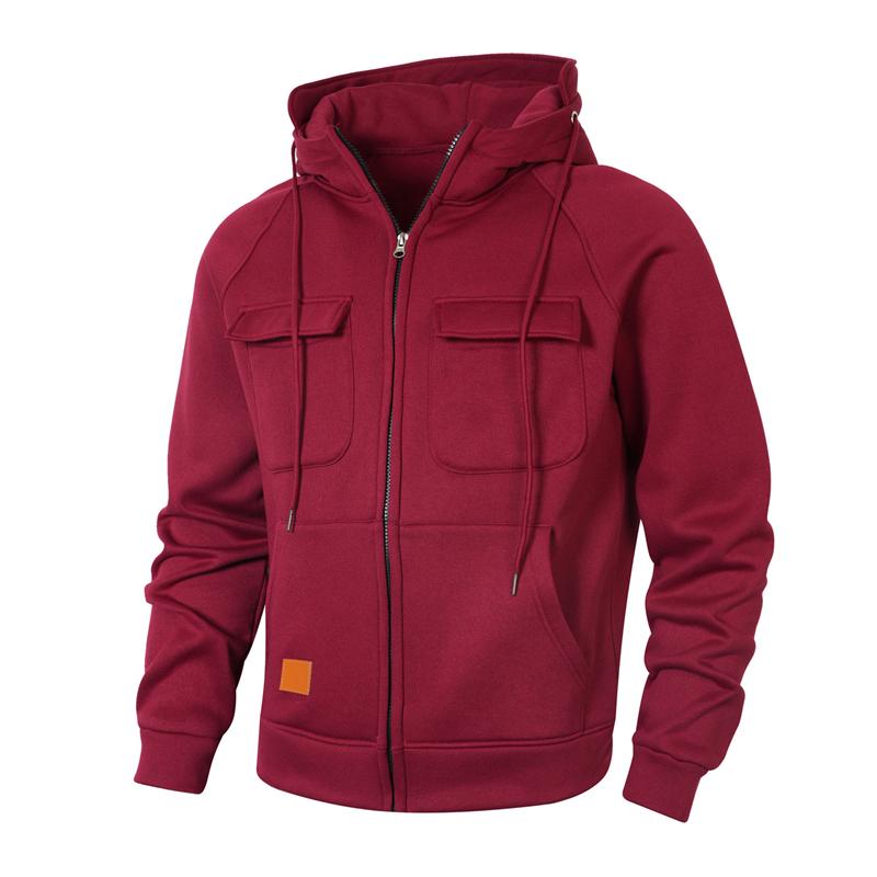 

Loose Men s Zipper Hoodie Street Style Casual Loose Fit Mulitpocket Leather Patch Work Autumn Winter American Workwear Jacket S вино красного