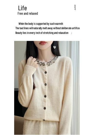 Autumn/Winter 2026 Women's Pure Wool Rhinestone Knit Cardigan - Round Neck, Long Sleeve, Solid Color