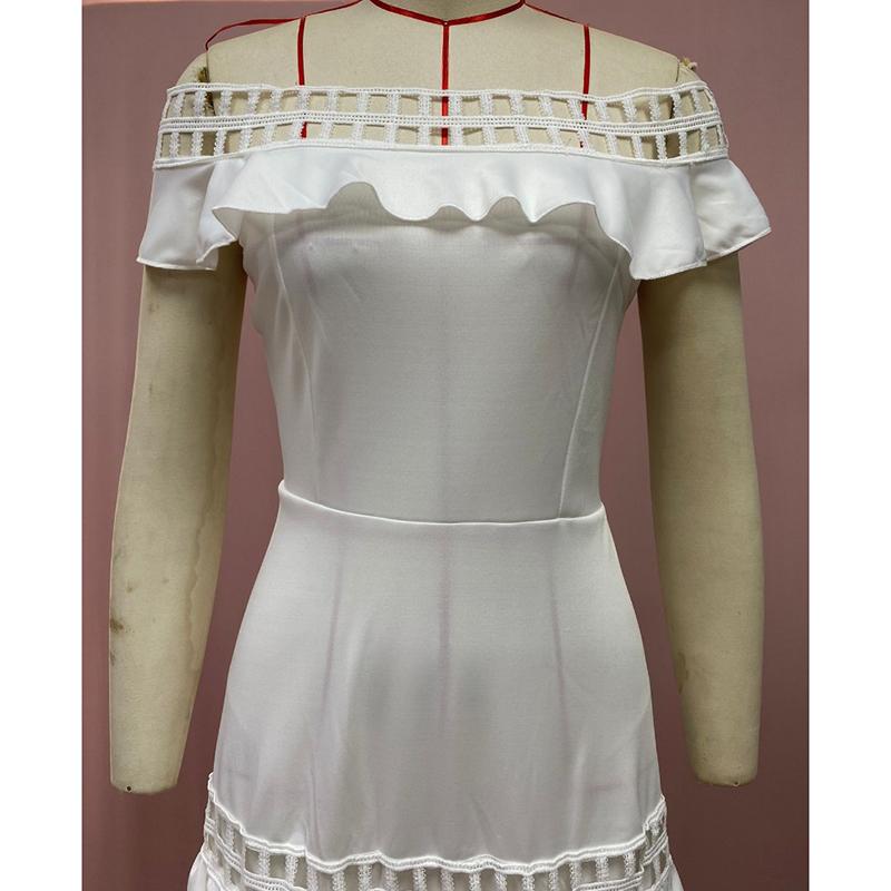 Summer New Vintage Off Shoulder Sexy Dress Women Ruffled Hollow Out Lace White Party Loose Dress Women Elegant High Waist A Line Casual Dresses 25088