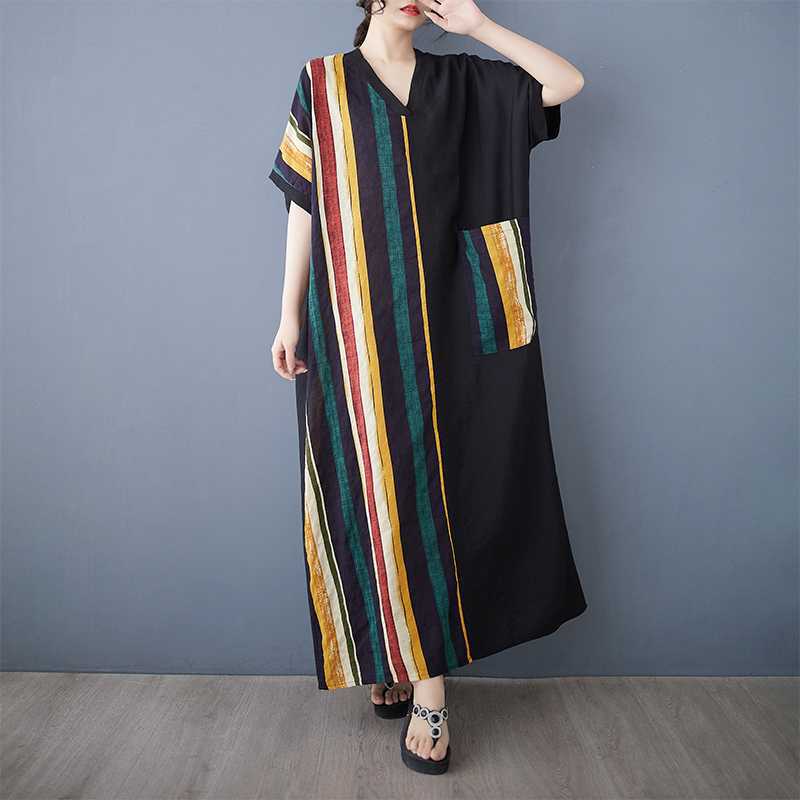 Summer Thin Cotton V-neck Short Sleeved Contrasting Splicing Long Dress for Women