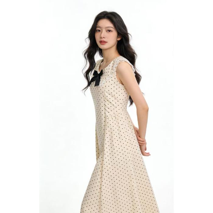 Beautiful bow temperament polka dot thin French Korean version niche waist pinch pleated long Korean dress S