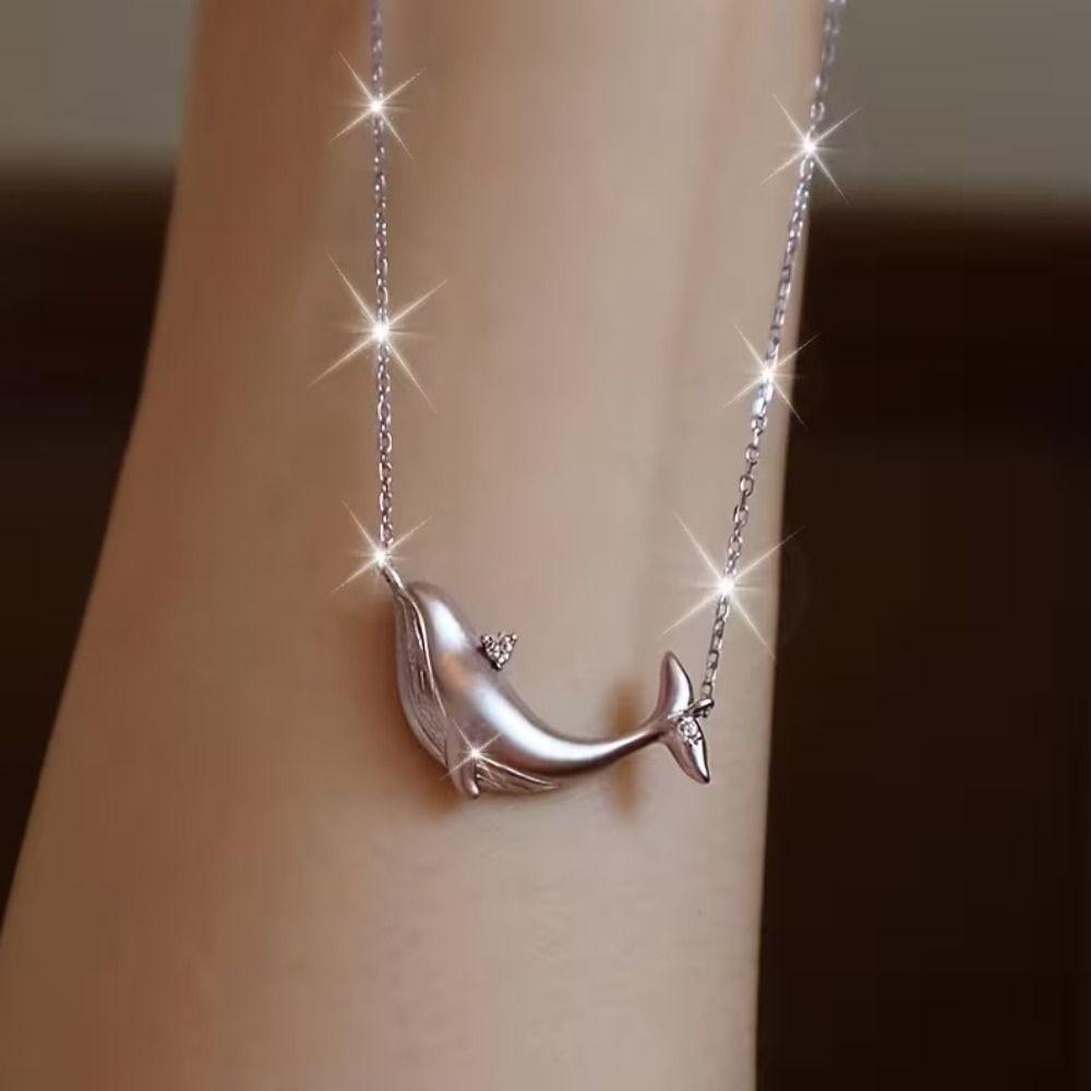 Silver Clavicle Chain Copper Zircon Pendant Fashion Whale Pendant Necklace  Daily