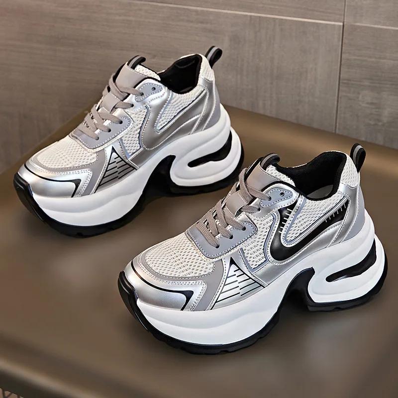 

8 см Воздушная сетка Коровья натуральная кожа Летние полые женские сандалии Платформа Клиновидная подошва Массивные кроссовки Модные Удобные 39