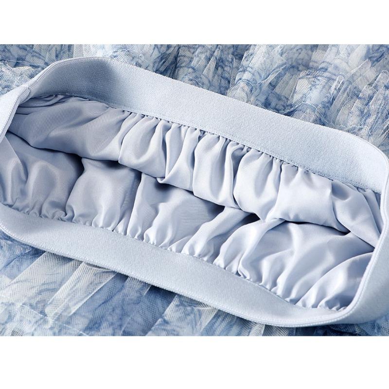 DIMANAF 2025 Summer Women Skirts Vintage Elastic Pleated Elegant Long Skirts New Lace Blue High Waist