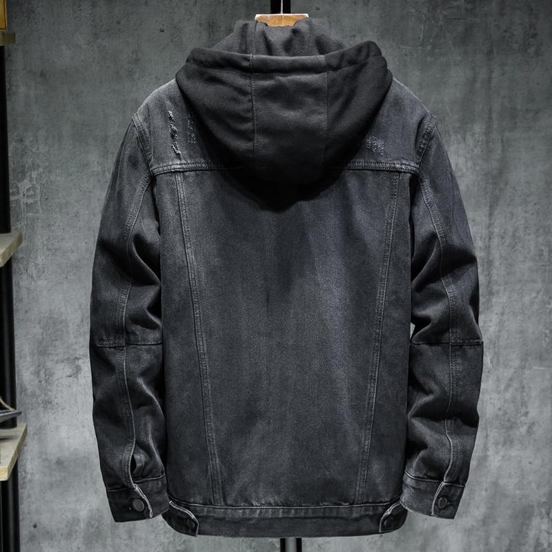 Thicker Winter Black Hooded Denim Jacket Outerwear Warm Men Lining Plus Cotton Thick Cowboy Jacket Coat  Large Size