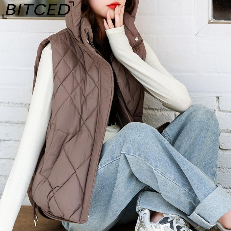 BITCED Women's Autumn/Winter Quilted Down Vest - Elegant Hooded Cotton Jacket, Short-Sleeved Waistcoat, Diamond-Quilted Vest