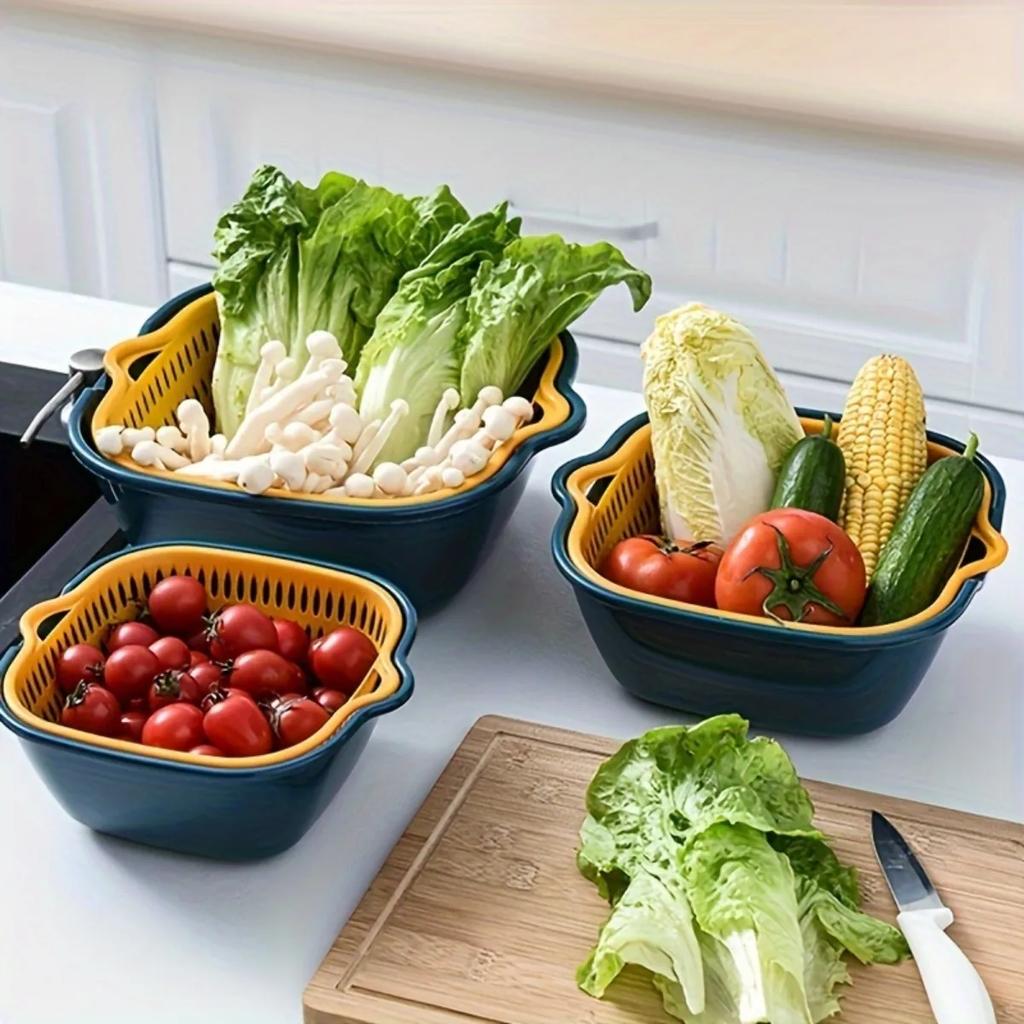 2/6/8PC Nestable Double-Layer Drain Basket Set - Durable Plastic Strainers for Efficient Fruit and Vegetable Washing - Kitchen M