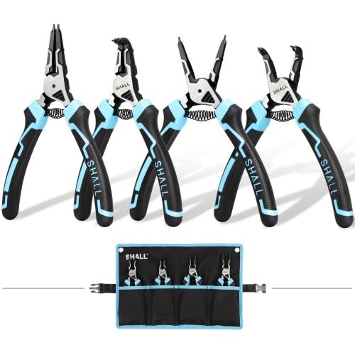 SHALL 4-Piece Snap Ring Pliers, Cr-V Material, with Straight and Curved Jaws for Holes and Shafts, Rust-Resistant, Spring-Equipped for C-Ring Installa