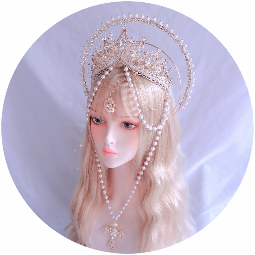 Mary Halo Crown Baroque Saint Headdress Stars Goddess Tiara and Crown for Women Boho Wedding Headpiece Masquerade Headwear