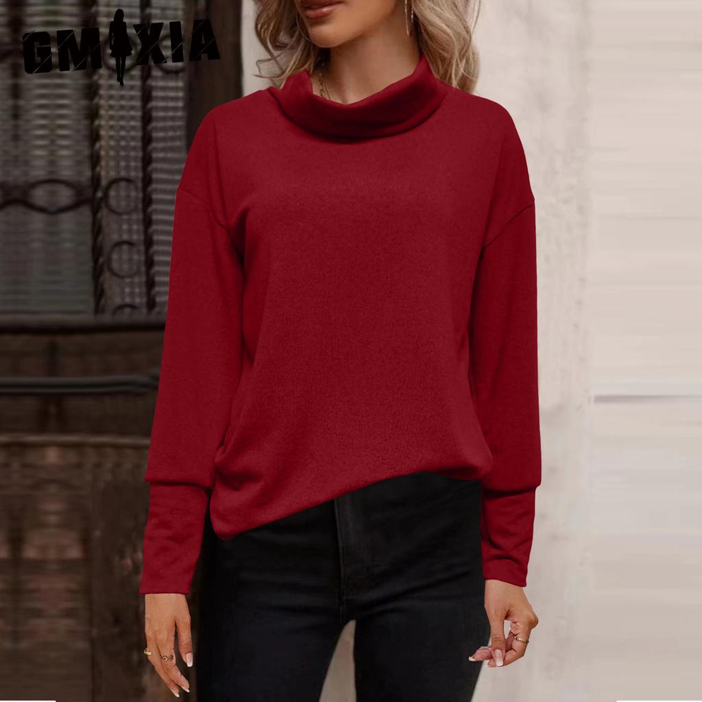 GMXIA Damenmode, lässig, einfarbig, Druck, Herbst, Winter, langärmelig, Stehkragen, lose Pullover