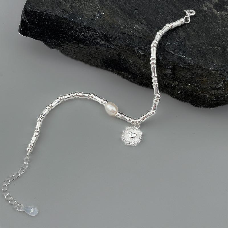 Vintage 925 Silver Bamboo Pearl Bracelet for Women Korean Style Round Bead Heart-shaped Bracelets Jewelry Birthday Gift