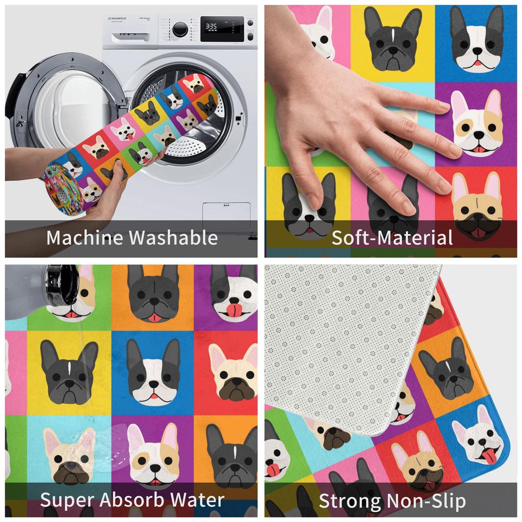 Pop Art Style French Bulldog Faces Doormat Mat Anti-Slip Frenchies Dog Pet Gift Kitchen Bath Garden Rug Carpet