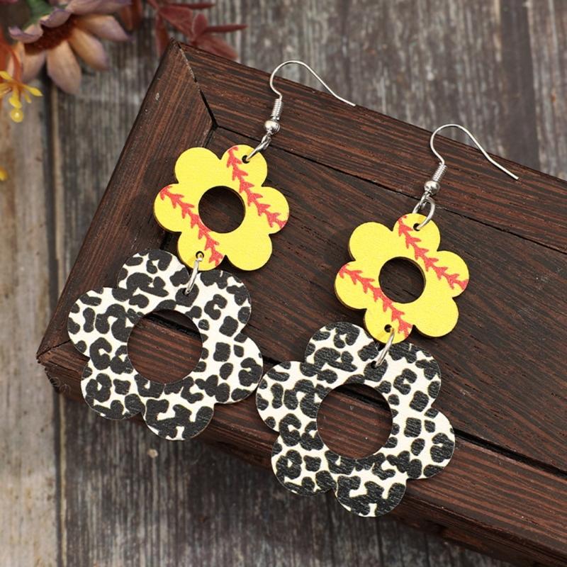 Retro Wood Earrings with Unique Hollow Flower and Cow Pattern Elegant Drop Ear Pendant for Stylish Ladies