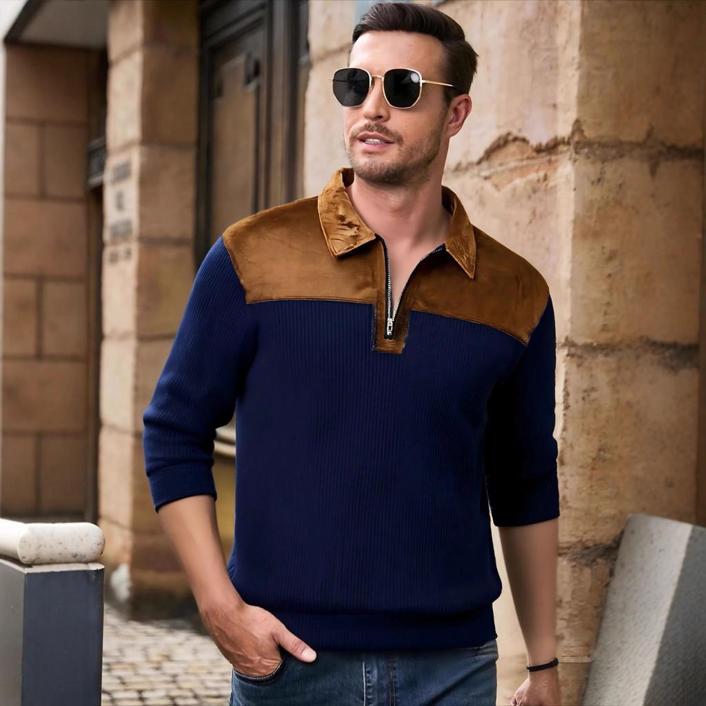 New Spring Autumn Casual Suede Polo Sweatshirt Men Stylish Knit Patchwork Textured Polo Shirts Mens Vintage Half-zip Lapel Jumper Tops