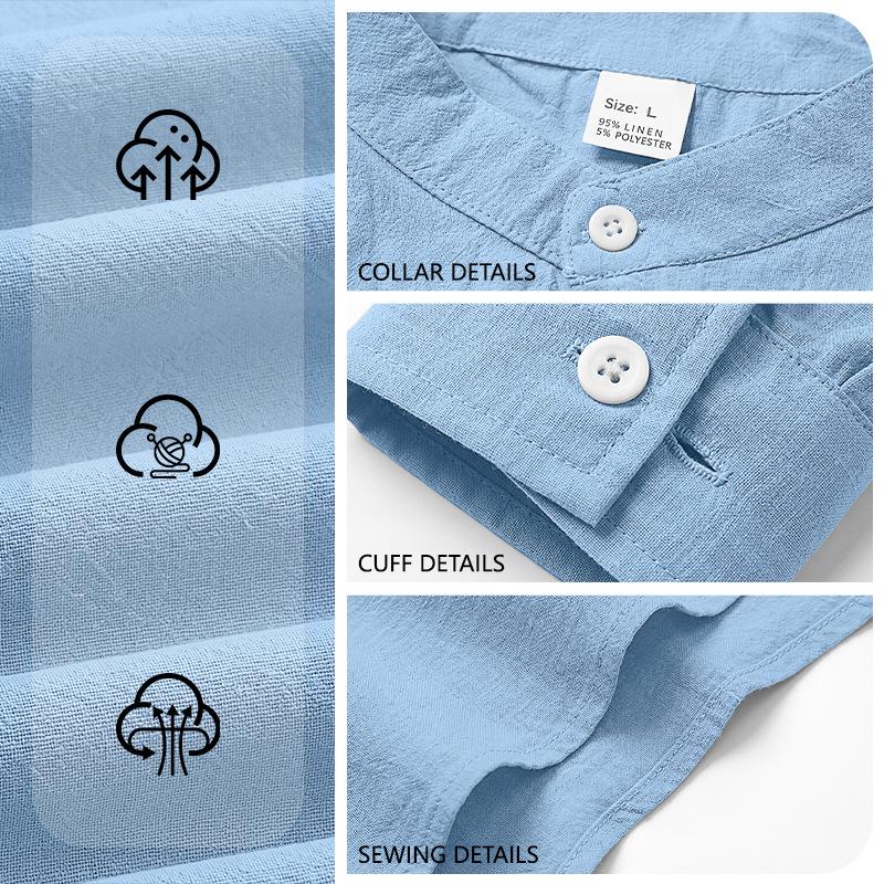 Cotton Linen Hot Sale Men's Long-Sleeved Shirts Summer Solid Color Stand-Up Collar Casual Beach Style Plus Size