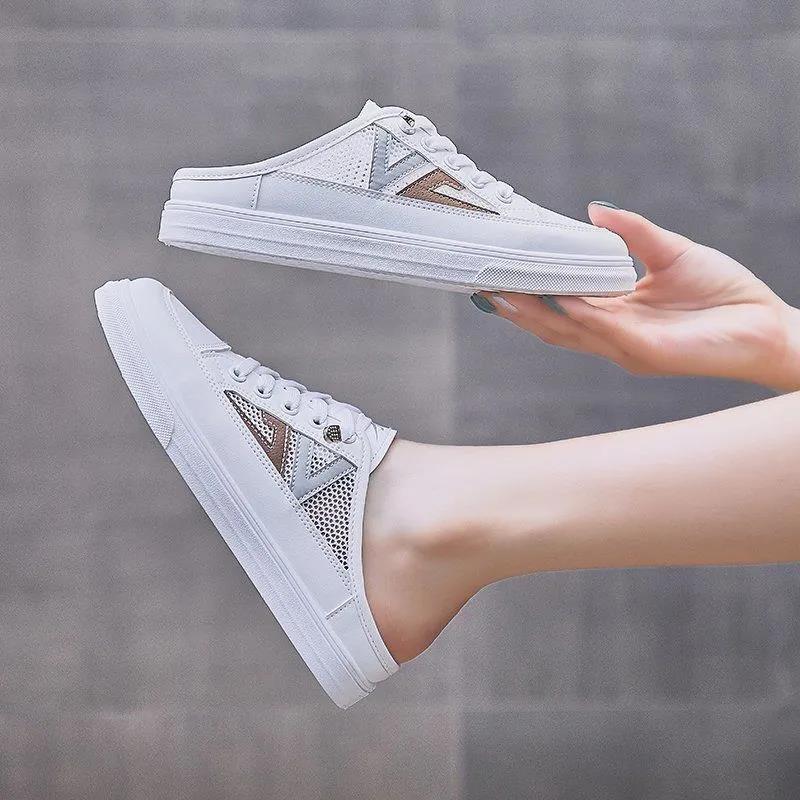 WTEMPO Damen Atmungsaktive Outdoor Mesh Schuhe Frühling Sommer Einfache Weiche Sohle Baotou Flache Feste Beiläufige Halbe Hausschuhe