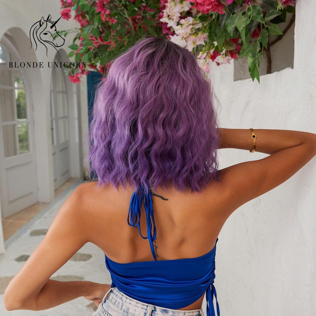 BLONDE UNICORN Lila kurze Bob-Perücken mit Pony für Frauen, Party, Cosplay, Halloween, natürliches Haar, synthetische hitzebeständige Faser