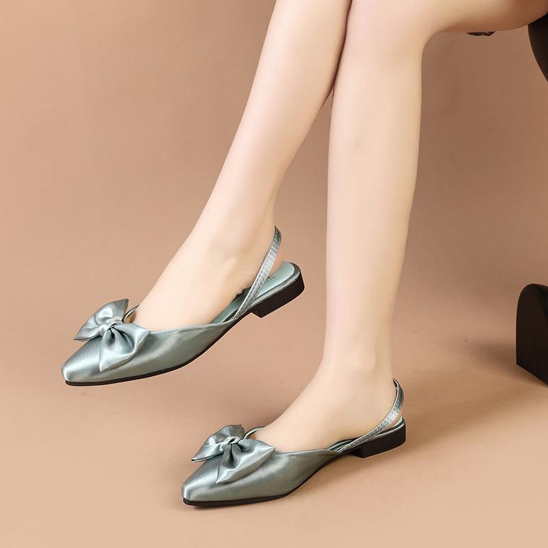 

Thick heel pointed bow elegant small leather shoes empty bag head sandals 2025 summer new foreign trade commuter shoes 41 зелёный