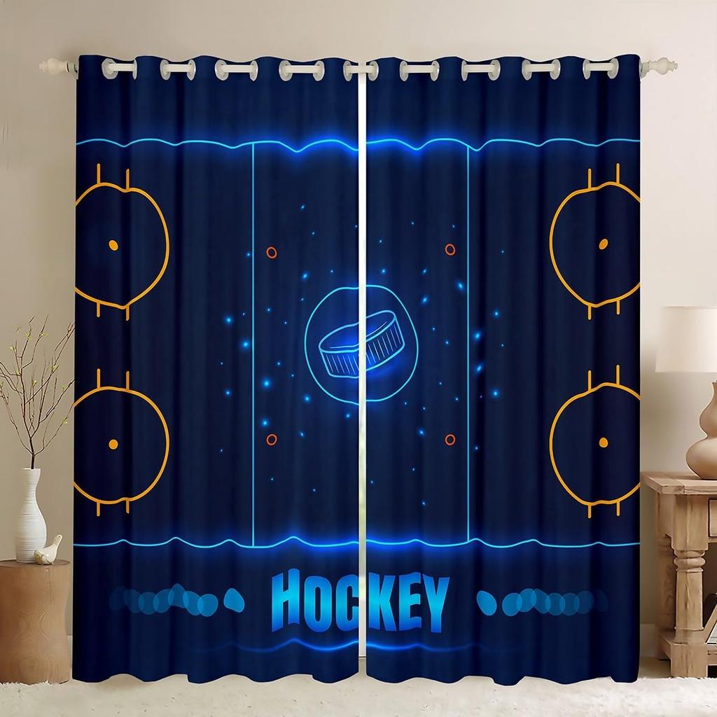 Ice Hockey Curtain Living Room Pucks Sports Ball Games Panel Winter Extreme Sport Theme Curtains Drapes Blackout Polyester Ideal For Sitting
